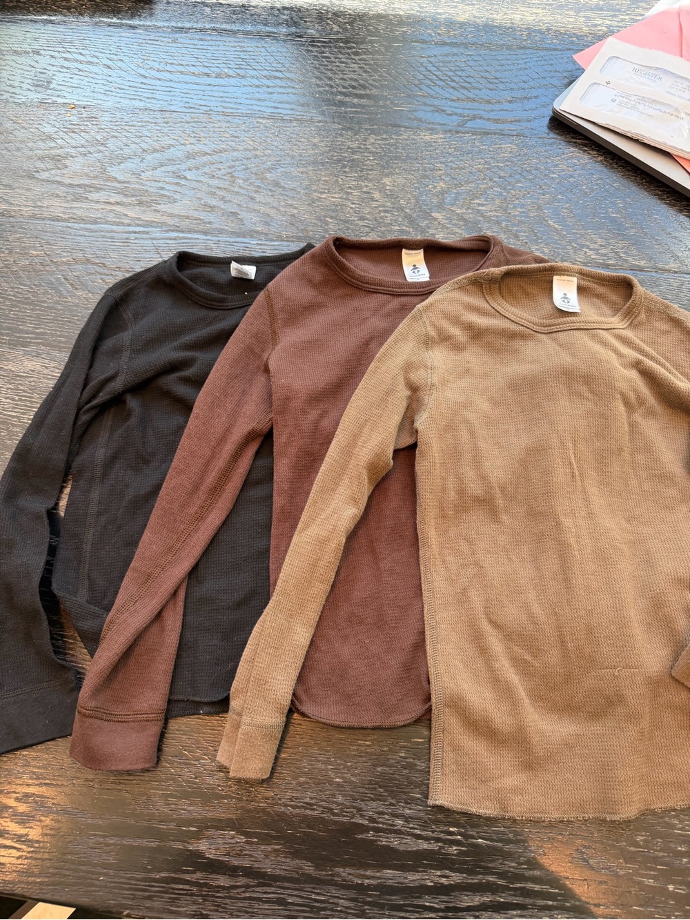 American Apparel kids Crewneck Thermal Set in Black, Brown, Tan